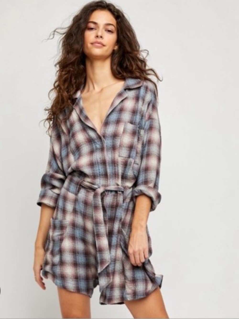 Free People Plaid Tie-Waist before I let go - Brown/Blue Plaid romper/ jumper
